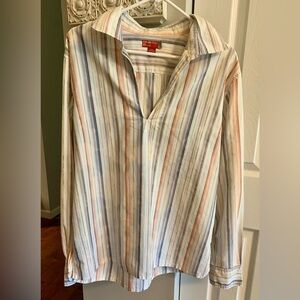 Vintage Guess Vibrant Blue and Orange Blouse with Striking Stripes - M
